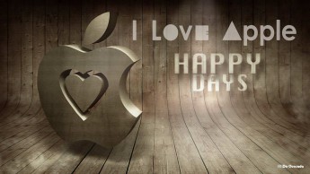 Galería de publicidad, logotipo de la manzana 3D con forma de corazón tallado se cierne sobre el fondo de madera