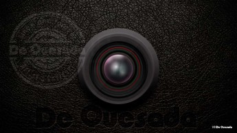 Galería de diseño gráfico, lente de la cámara redonda sobre el fondo de cuero negro