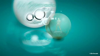 Galería de diseño gráfico, mujer de pie dentro de una burbuja
