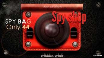 Galería de diseño gráfico, bolso rojo con una cámara espía en el fondo de cuero negro