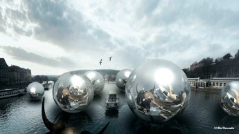 3d orbs hovering over the river reflecting three agents and flying bird Japan